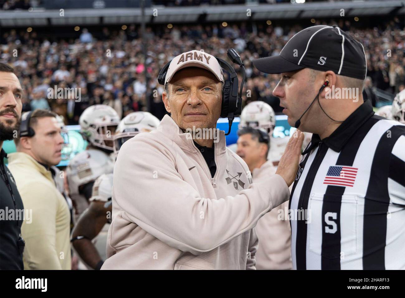 East Rutherford, United States of America. 11 December, 2021. U.S. West Point Military Academy football head coach Jeff Monken at the start of the annual Army-Navy football game at Metlife Stadium December 11, 2021 in East Rutherford, New Jersey. The U.S. Naval Academy Midshipmen defeated the Army Black Knights 17-13 in their 122nd matchup.  Credit: CDT Hannah Lamb/DOD/Alamy Live News Stock Photo