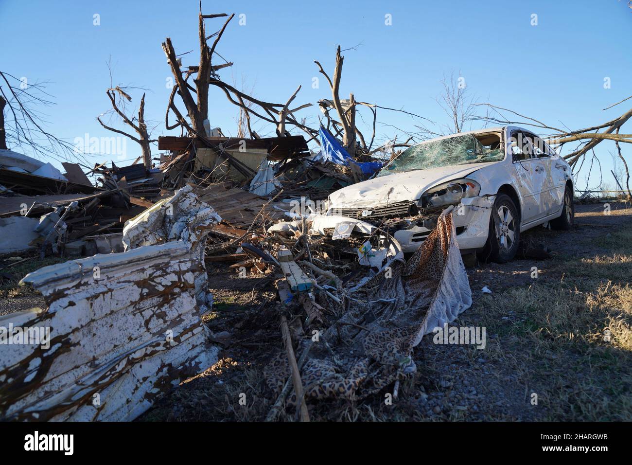Mayfield, United States Of America. 12th Dec, 2020. Mayfield, United States of America. 12 December, 2020. Vehicles and homes destroyed in the aftermath of devastating tornadoes that swept across four states destroying buildings and killing dozens December 12, 2021 in Mayfield, Kentucky. Credit: Lameen Witter/FEMA/Alamy Live News Stock Photo