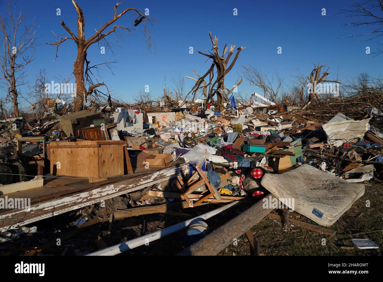 Mayfield, United States Of America. 13th Dec, 2021. Mayfield, United States of America. 13 December, 2021. Debris from homes destroyed in the aftermath of devastating tornadoes that swept across four states destroying buildings and killing dozens December 13, 2021 in Mayfield, Kentucky. Credit: Alexis Hall/FEMA/Alamy Live News Stock Photo