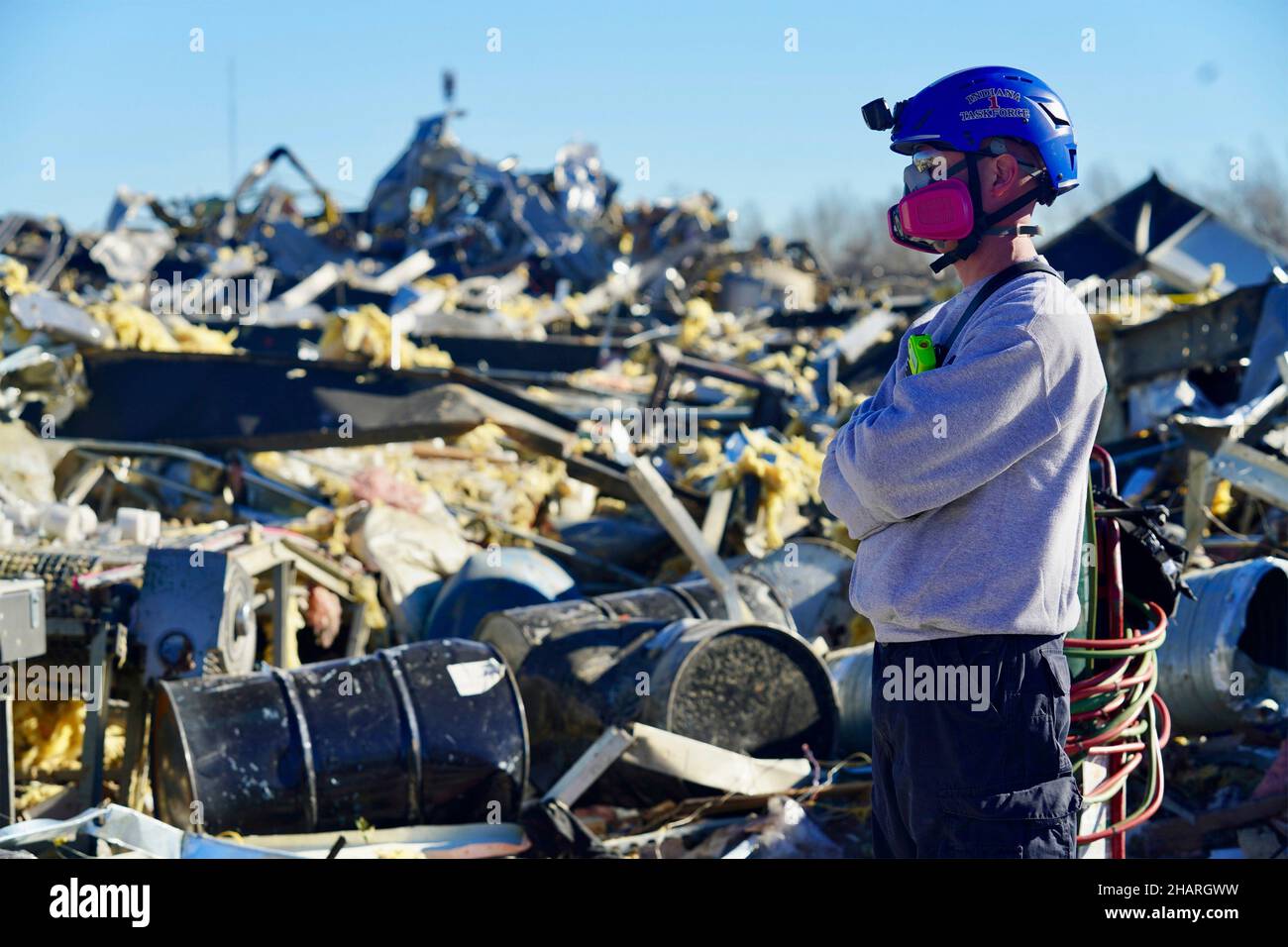 Mayfield, United States Of America. 13th Dec, 2021. Mayfield, United States of America. 13 December, 2021. Homeland Security Secretary Alejandro Mayorkas, views the aftermath of devastating tornadoes that swept across four states destroying buildings and killing dozens December 13, 2021 in Mayfield, Kentucky. Credit: Alexis Hall/FEMA/Alamy Live News Stock Photo