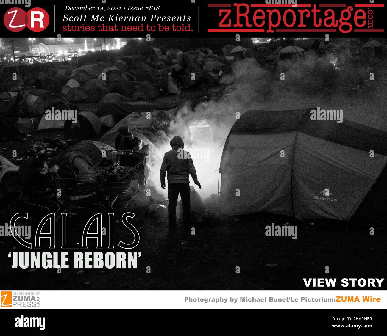 zReportage.com Story of the Week #818: TUESDAY December 14, 2021: 'CALAIS JUNGLE REBORN' by Le Pictorium photographer Michael Bunel who has spent 10 years covering the migrant crisis in Europe: The huge refugee camp in Calais known as the 'Jungle' became notorious in 2015, as 1 million people fled war and danger to come to Europe. Yet 5 years after it was demolished up to 2,000 migrants are still waiting in makeshift camps, at the centre of a political storm. Migrant boat crossings from France to the United Kingdom's English coast are at record levels as both countries struggle to handle the f Stock Photo