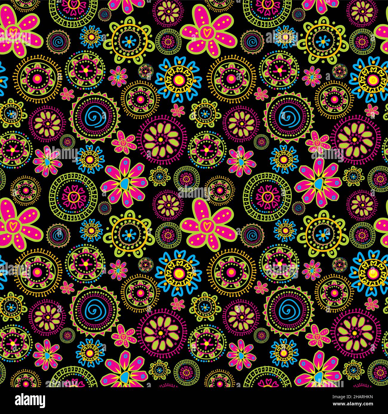 Floral seamless pattern with stylized flowers over black background Stock Vector