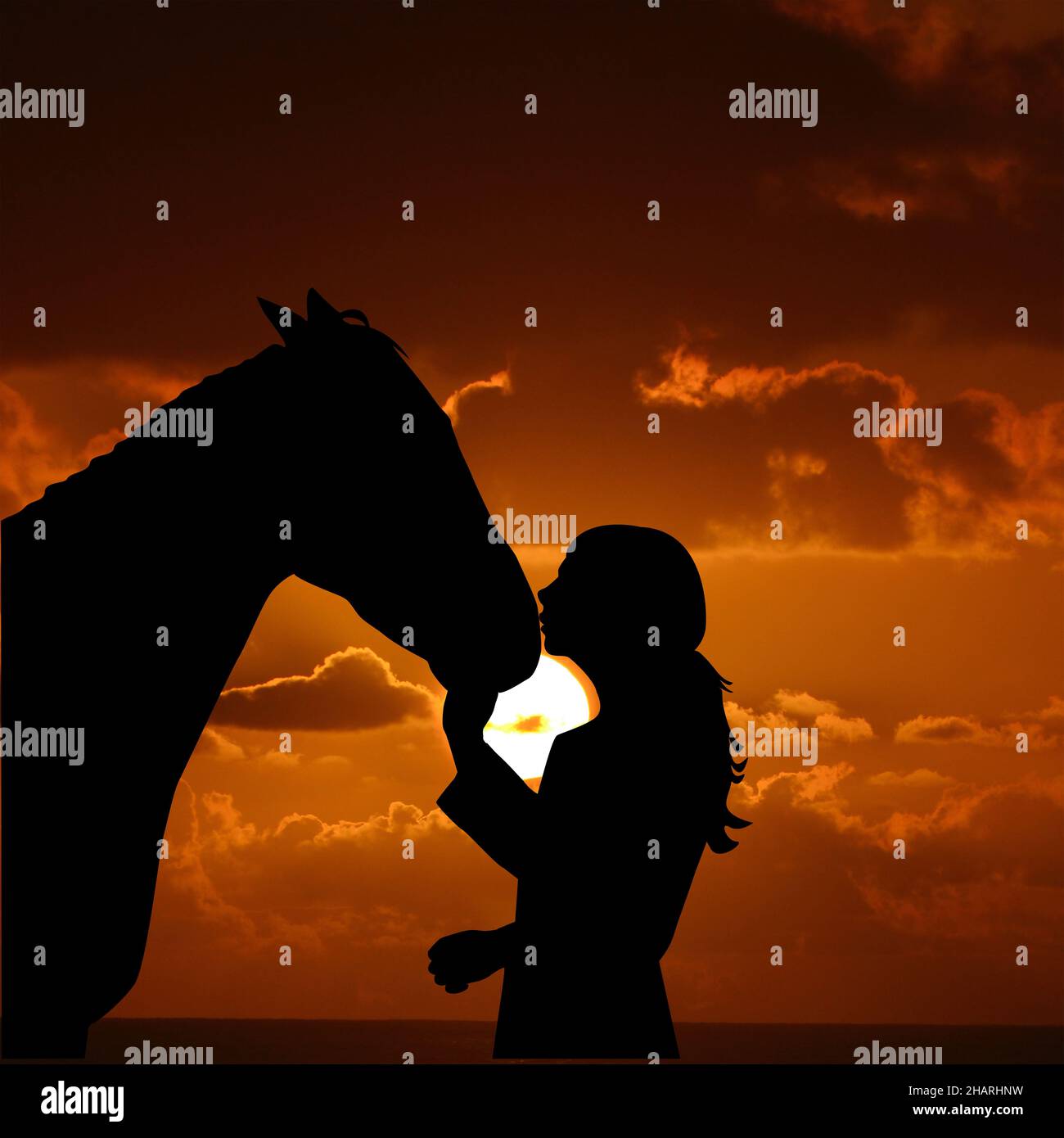 Silhouette of a young girl with horse giving him a kiss at the sunrise Stock Photo