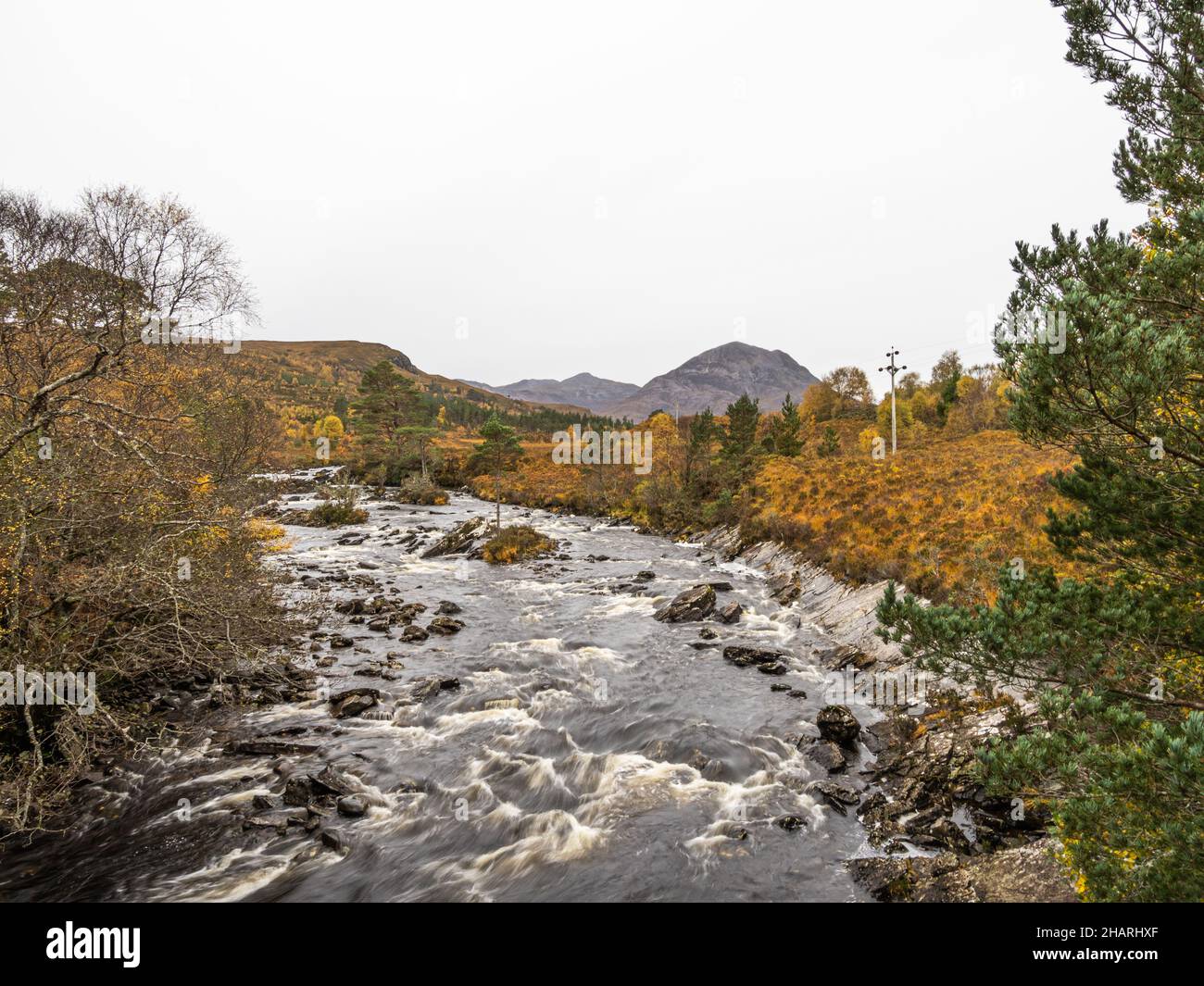 River A'Ghairbhe, running from Loch Clair to Kinlochewe along the side of the A869 between Torridon and Kinlochewe in Autumn/Winter Stock Photo