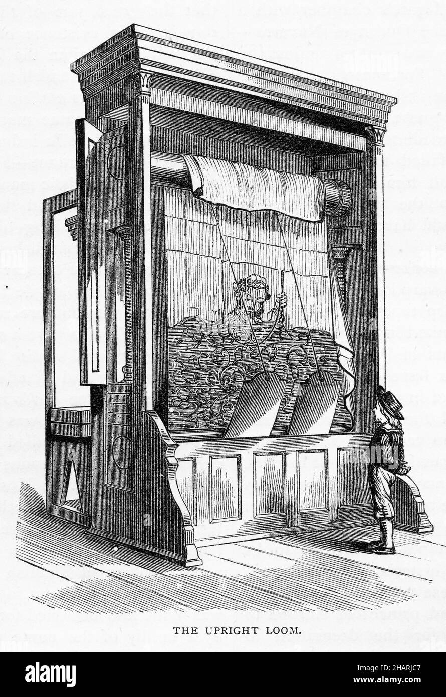 Engraving of an upright loom for weaving cloth Stock Photo