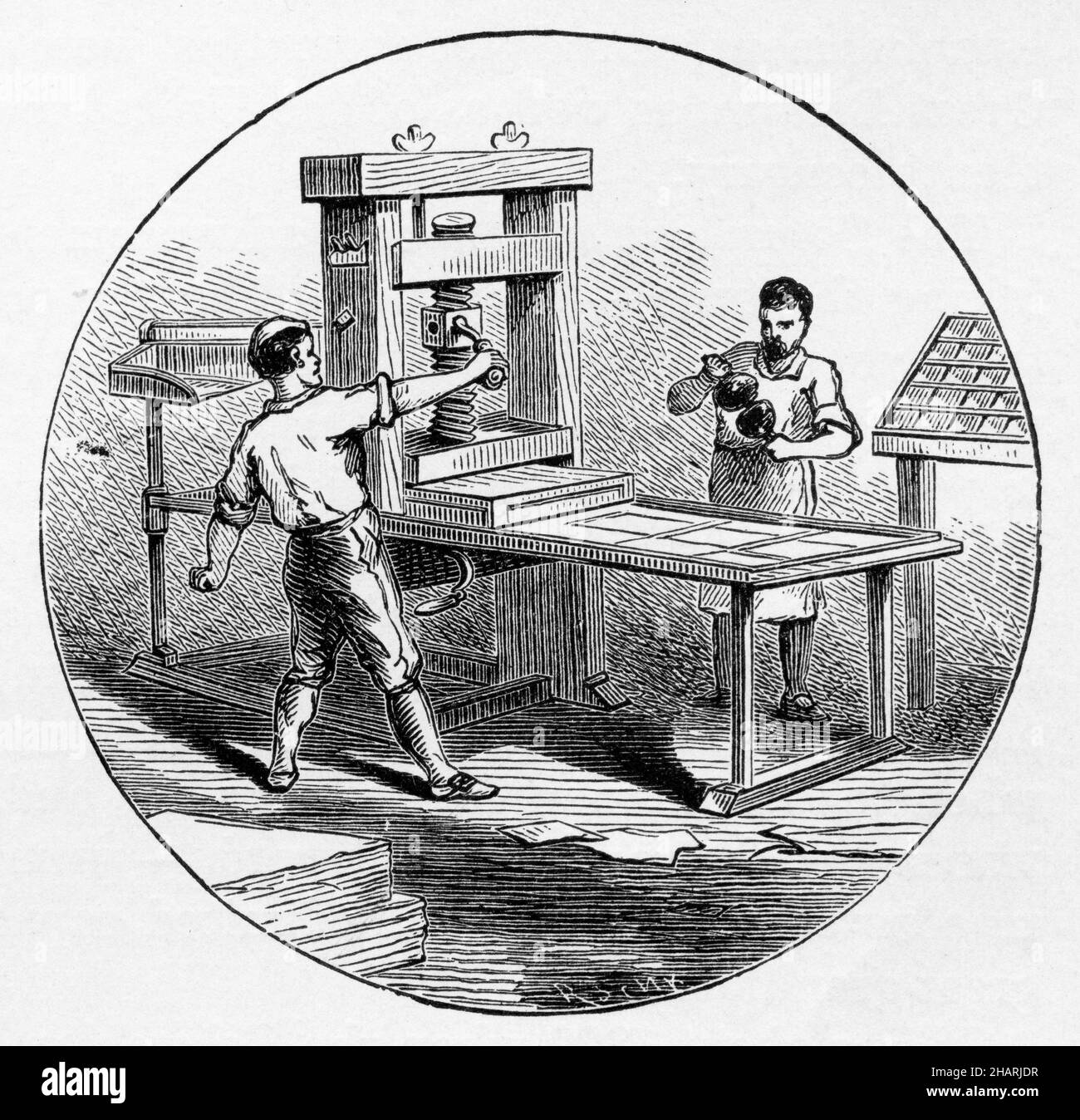 Engraving of an early printing press, typical of that used by Benjamin Franklin Stock Photo