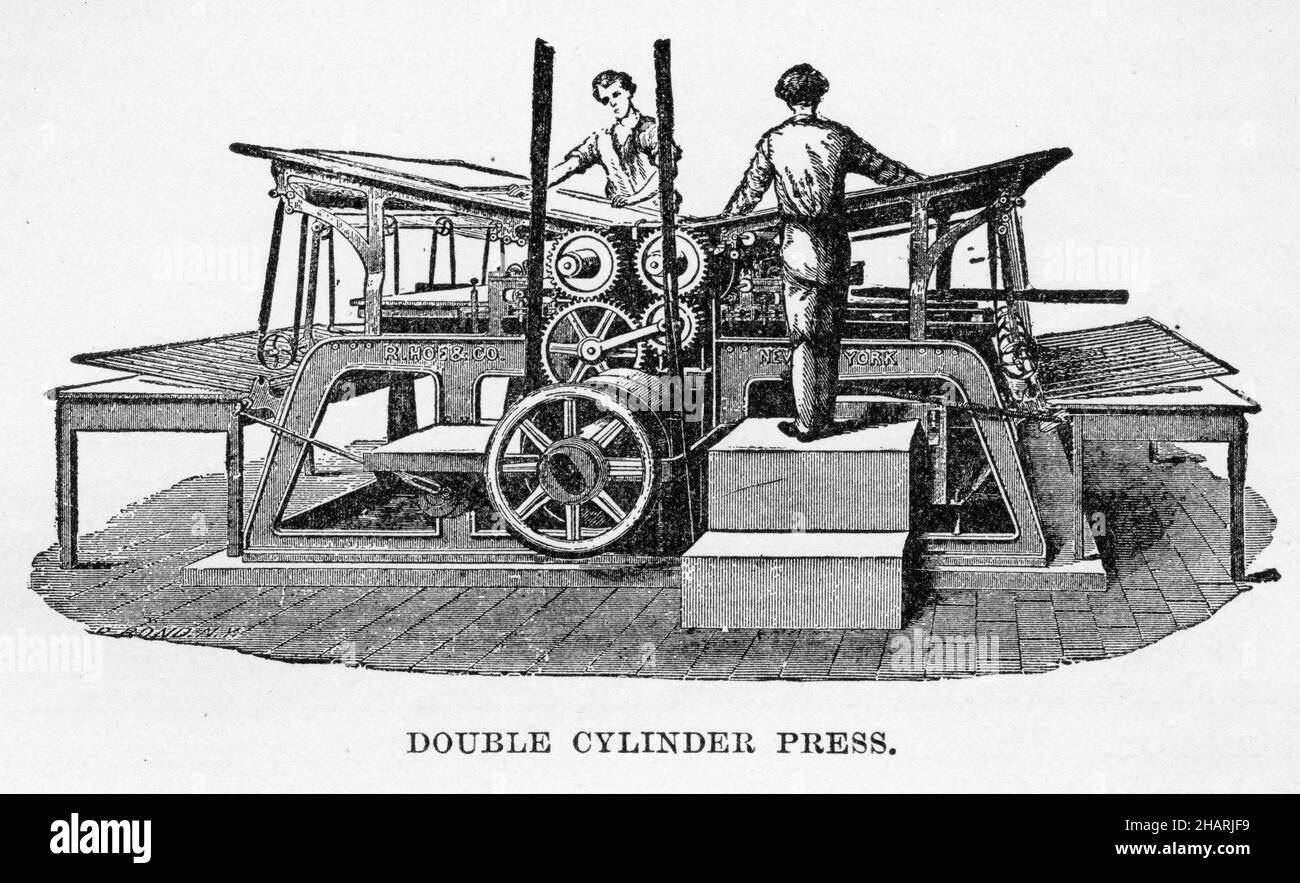 Engraving of double cylinder  printing press Stock Photo