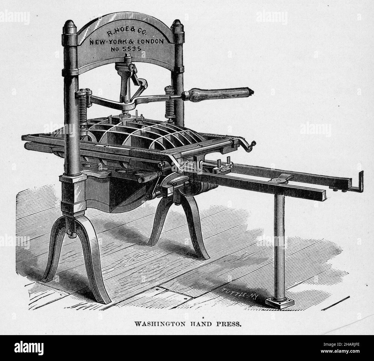 Engraving of a Warrington hand printing press Stock Photo