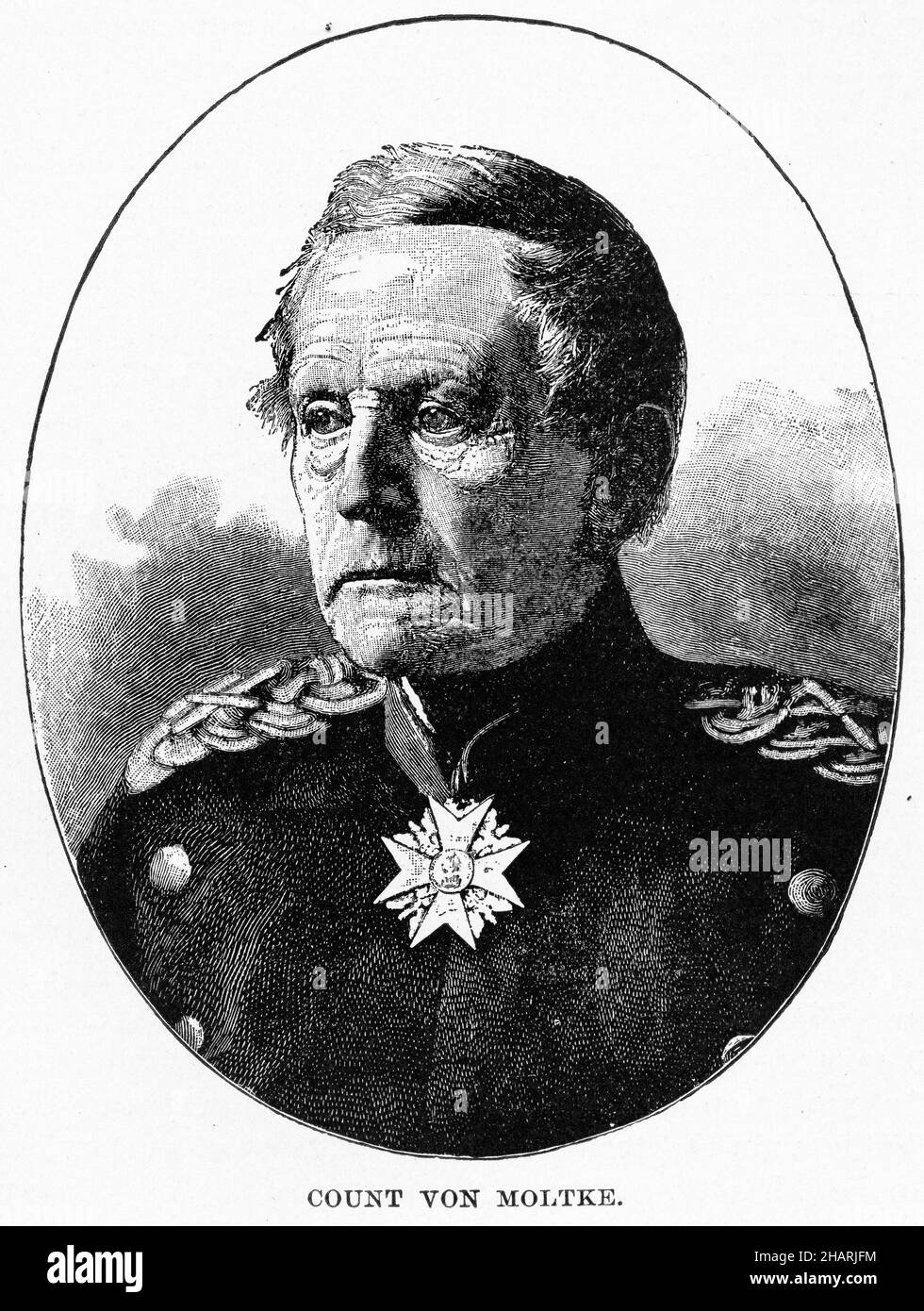 Engraved portrait of Helmuth Karl Bernhard Graf von Moltke ( 1800 – 1891)  Prussian field marshal and the chief of staff of the Prussian Army for thirty years. Also known as Moltke the Elder. Stock Photo