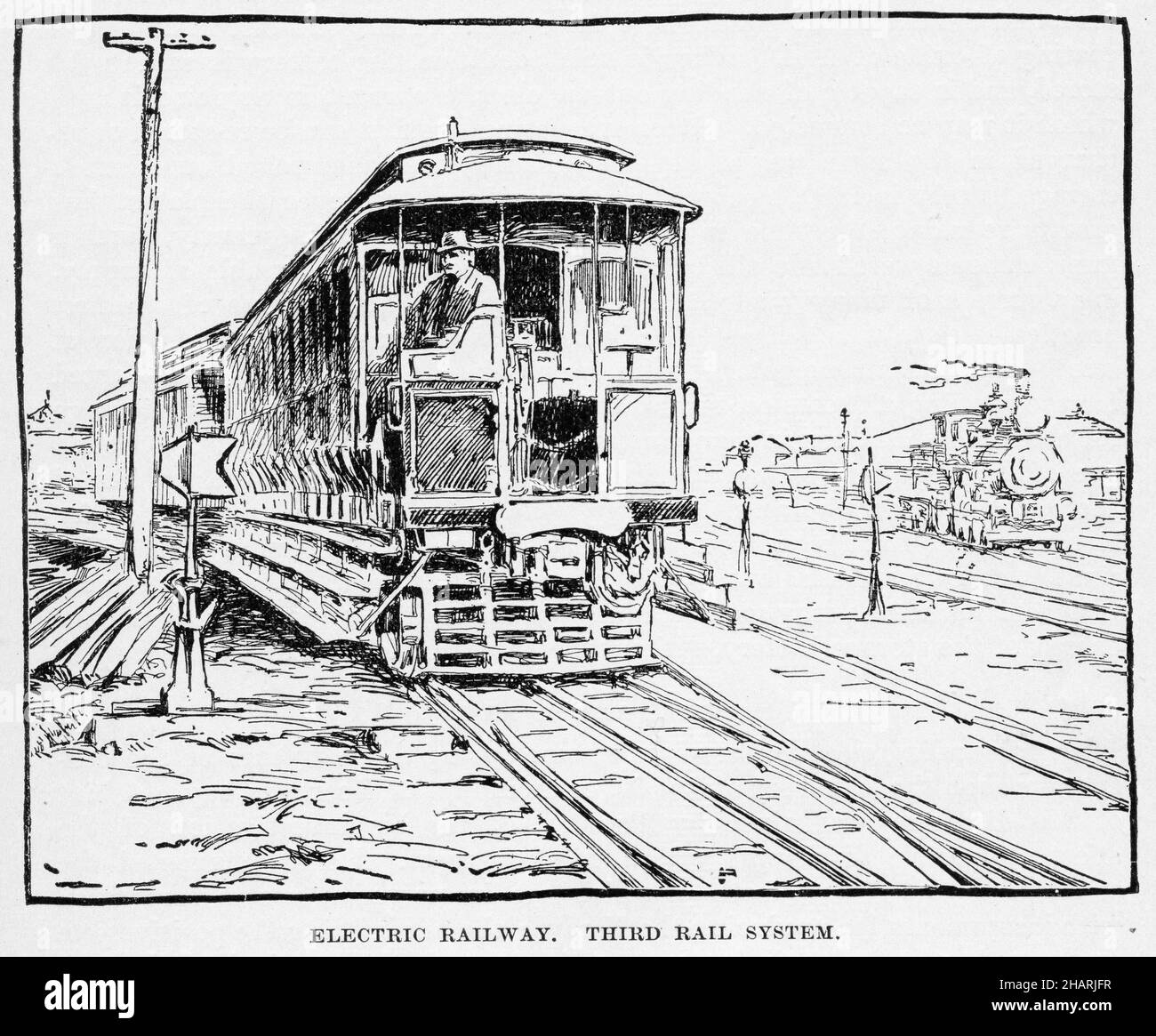 Engraving of an electric railway with a third rail section, circa 1900 Stock Photo