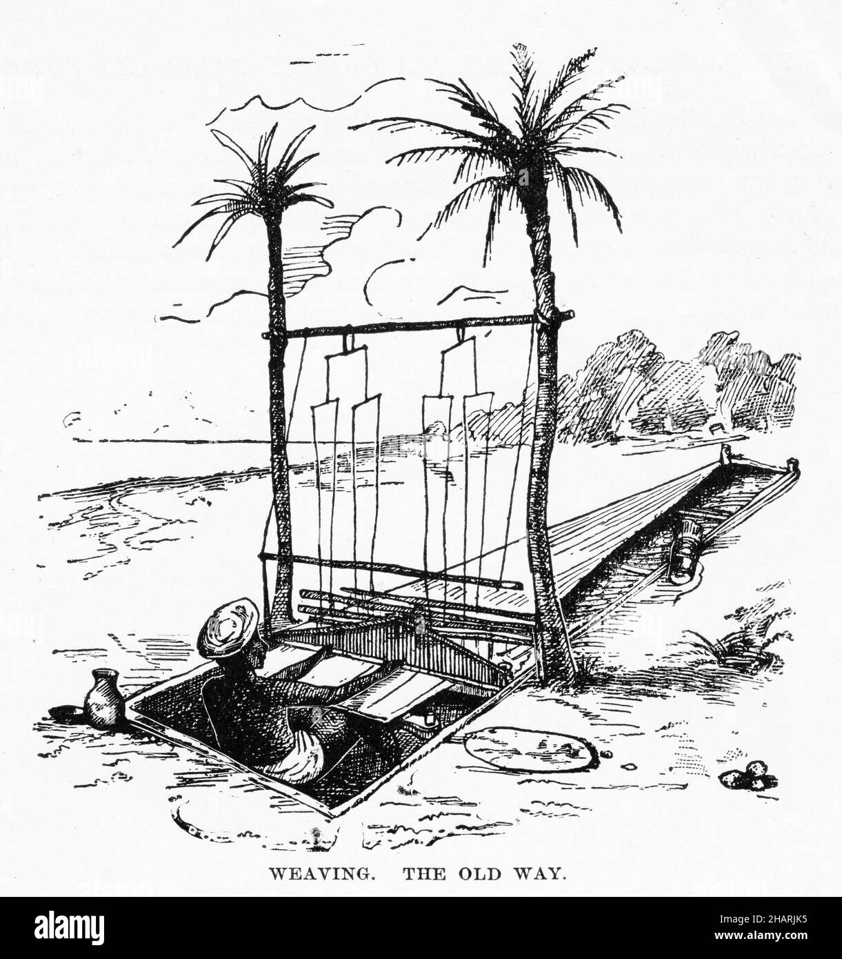 Engraving of a traditional loom used in the tropics - on fine days only Stock Photo