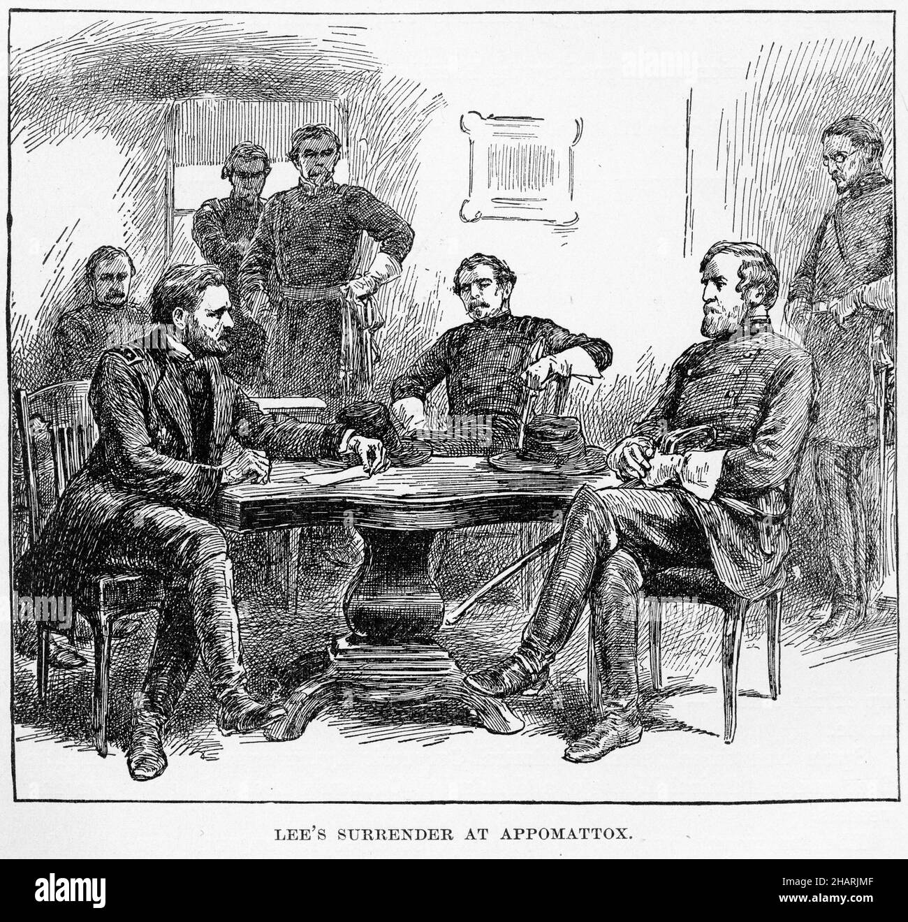 Engraving of Lee's surrender at Appomattox marking the end of the American civil war: Stock Photo