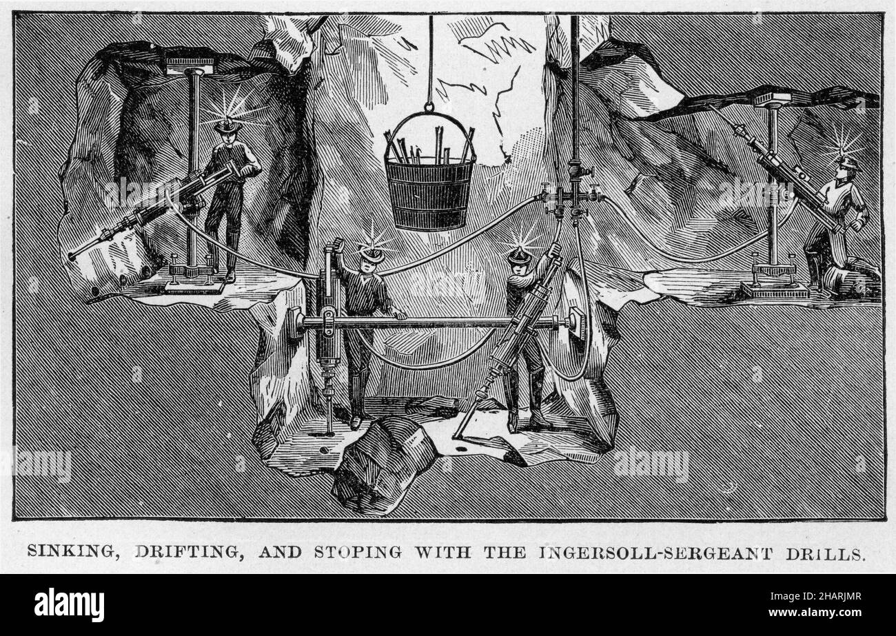 Engraving of Ingersoll-Sergeant pneumatic drills being used in a mine for stoping; driving and sinking Stock Photo