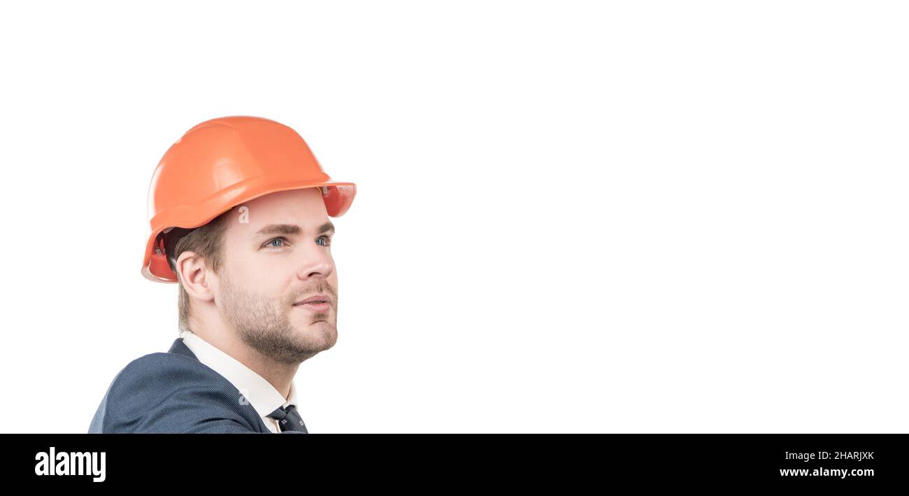 We are made for engineering. Serious engineer portrait. Civil engineer in hardhat. Construction man Stock Photo