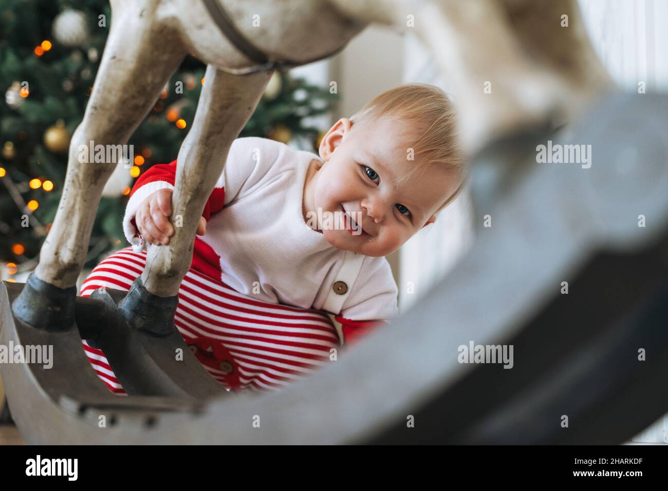 Little baby girl in red Santa costume looks out from behind toy wooden horse in room with Christmas tree at home Stock Photo