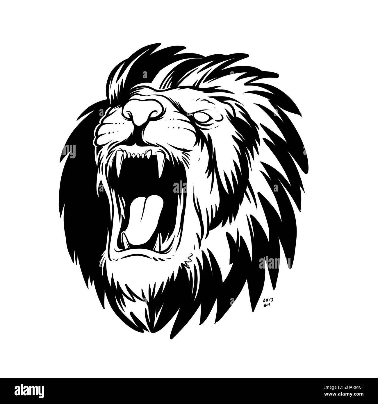 an angry lion illustration. a hand drawn illustration of a wild animal head. line art drawing for emblem, poster, sticker, tattoo, etc Stock Photo - Alamy