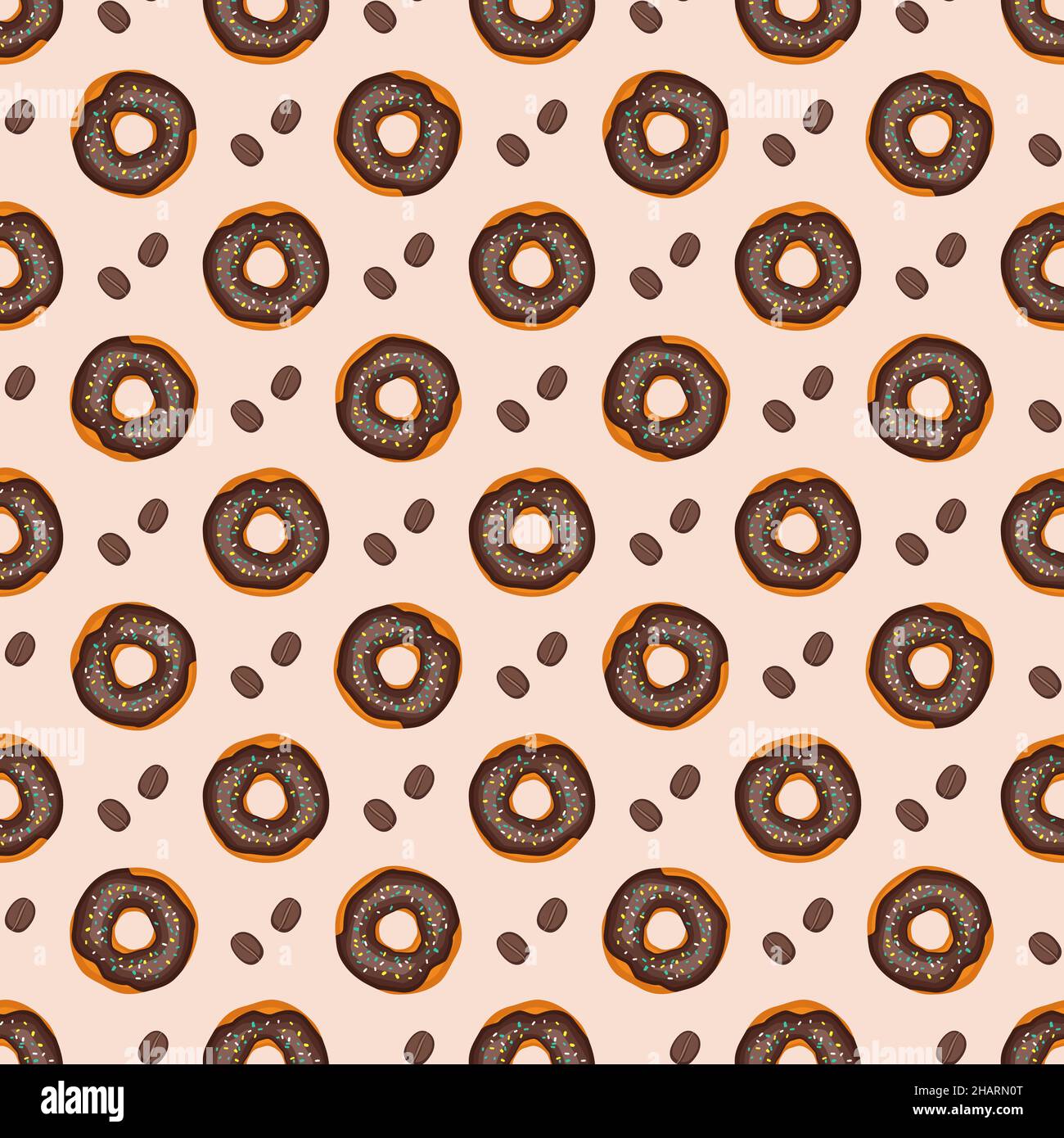 Seamless pattern from glazed donuts and coffee beans. Print from sweet pastries for birthday, holiday and party. Vector flat illustration of dessert and food Stock Vector