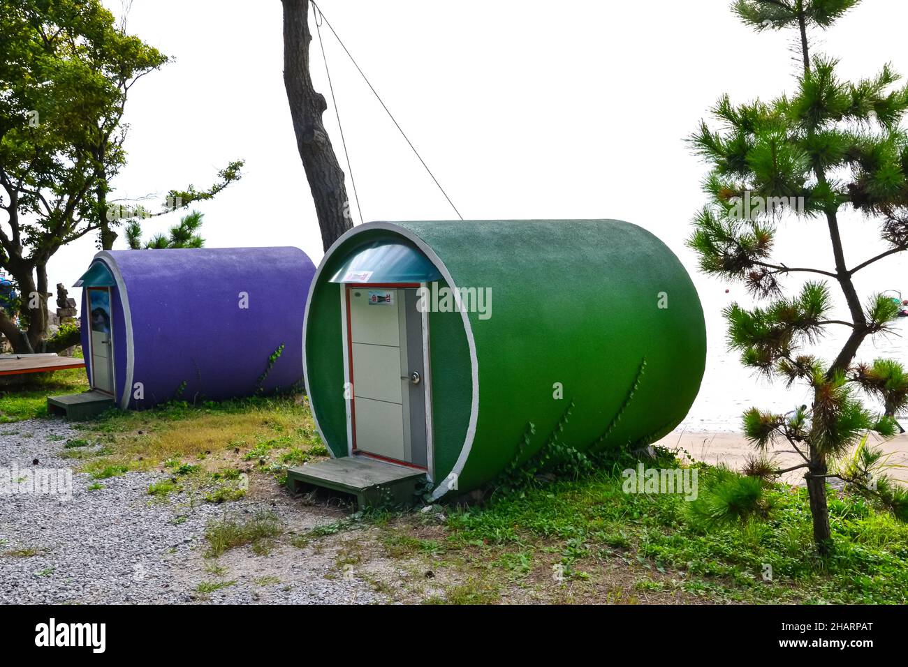 Toilet cabins in ByeonsanBando National Park, South Korea Stock Photo