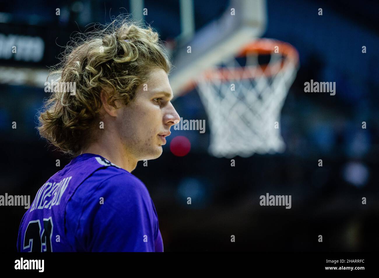 Chapel Hill, NC, USA. 14th Dec, 2021. Furman Paladins guard Joe Anderson (22) gets ready to inbound the ball against the North Carolina Tar Heels in the NCAA basketball matchup at Dean Smith Center in Chapel Hill, NC. (Scott Kinser/Cal Sport Media). Credit: csm/Alamy Live News Stock Photo