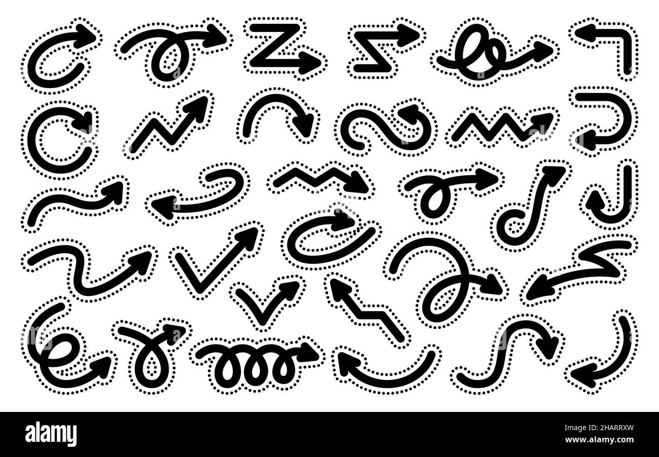 Arrow hand drown sticker note curve dot black line flat set