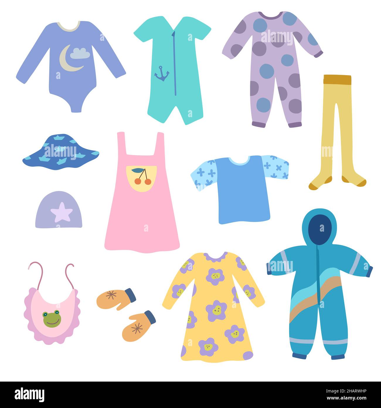 Set of cute baby and infant clothes in doodle boho cartoon style ...