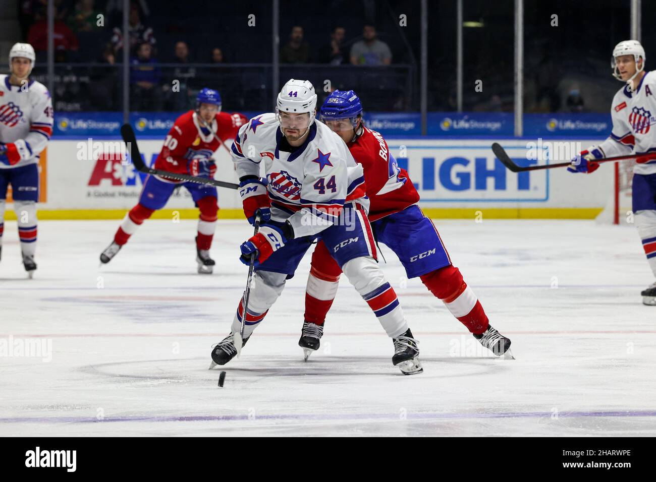 December 10, 2021 Rochester Americans defenseman Josh Teves (44) chases down a loose puck in