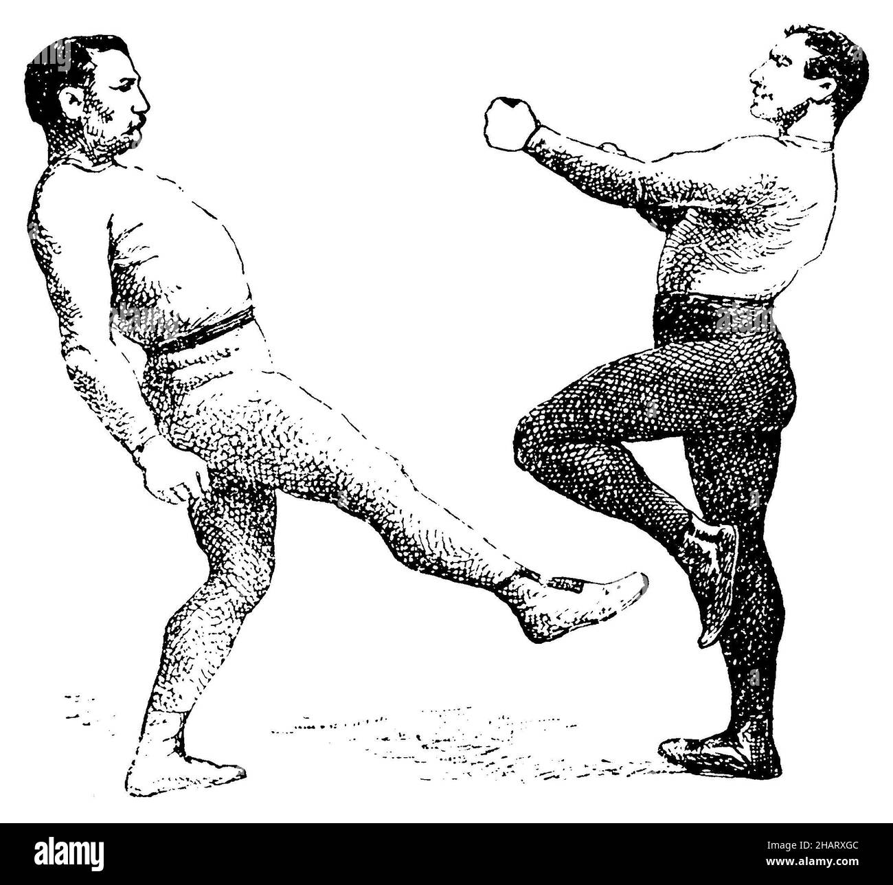 Boxing: low kick and leg dodge, ,  (encyclopedia, 1910), Boxen: Low Kick und Beinausweichen, Boxe : coup de pied bas et esquive de la jambe Stock Photo