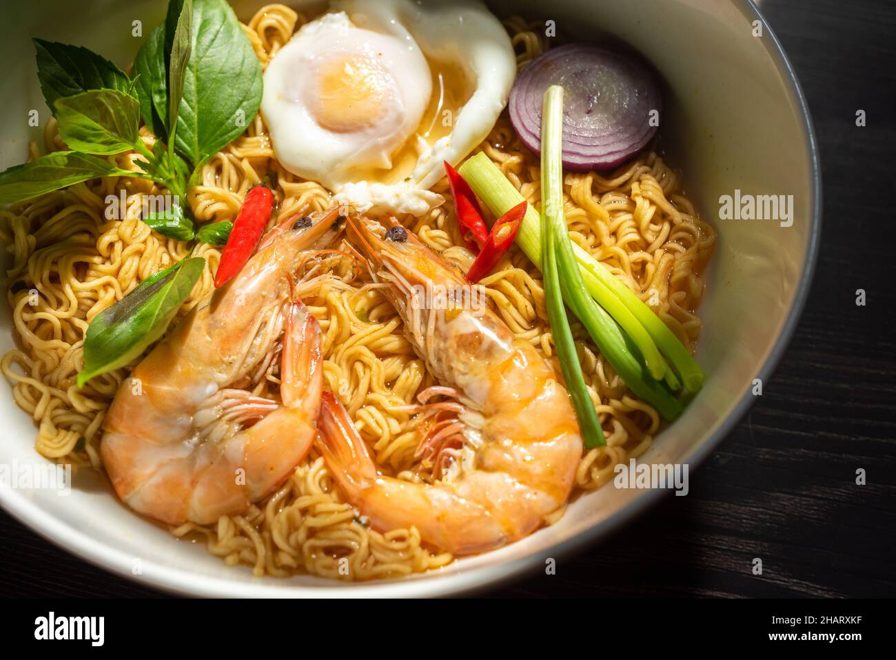 Instant noodles with shrimp and eggs is a very popular fast food in many countries around the