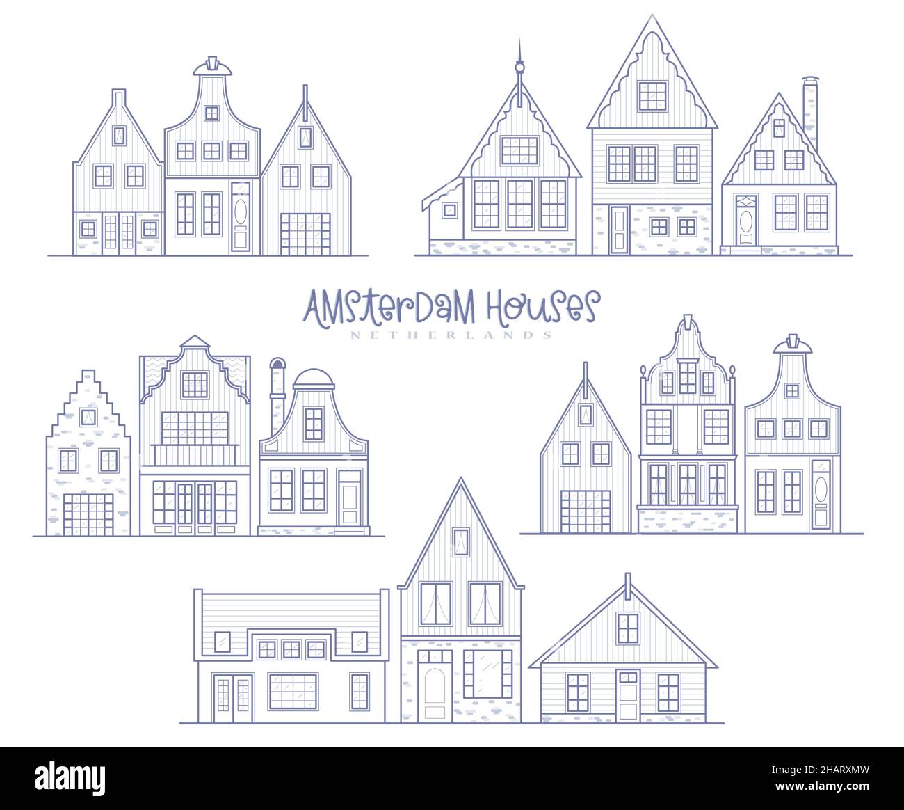 Groups of Amsterdam houses. Facades of European old buildings. Holland homes. Vector set outline illustration. Stock Vector