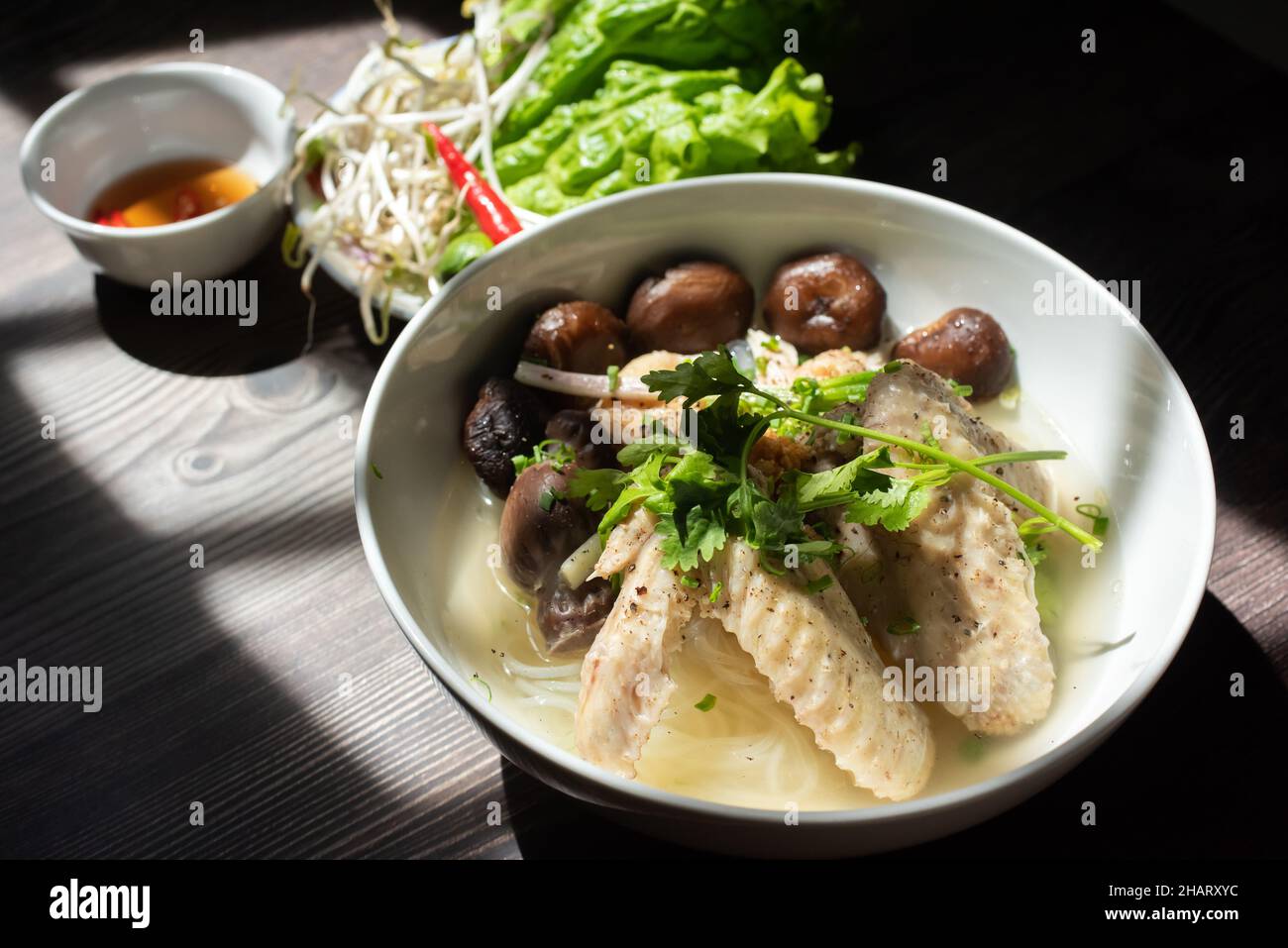 Chicken mushroom noodle soup is a very popular breakfast dish in