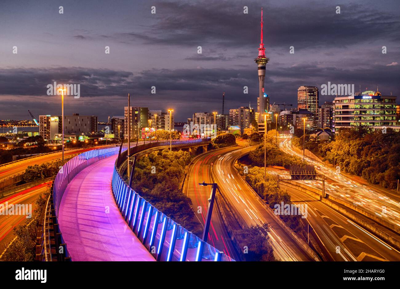 View towards the motorway and light path with sky tower in Auckland