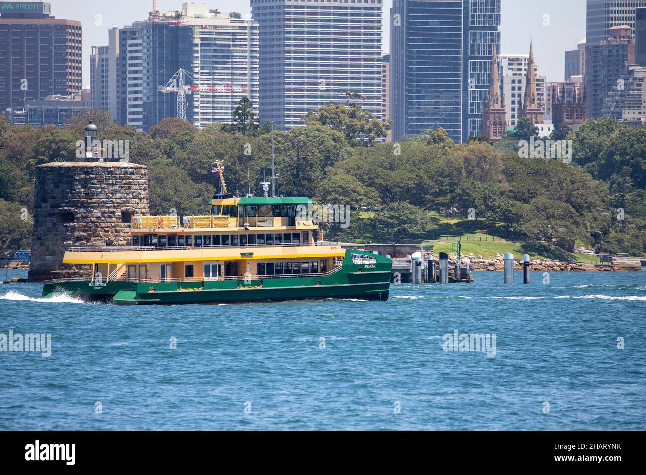 Sydney ferry balmoral passing fort Denison on Sydney Harbour,NSW,Australia Stock Photo