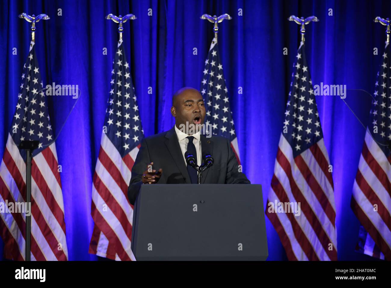 DNC Chairman Jamie Harrison speaks during a holiday celebration for the Democratic National Committee at the Hotel Washington on December 14, 2021 in Washington, DC.Credit: Oliver Contreras/Pool via CNP/MediaPunch Stock Photo