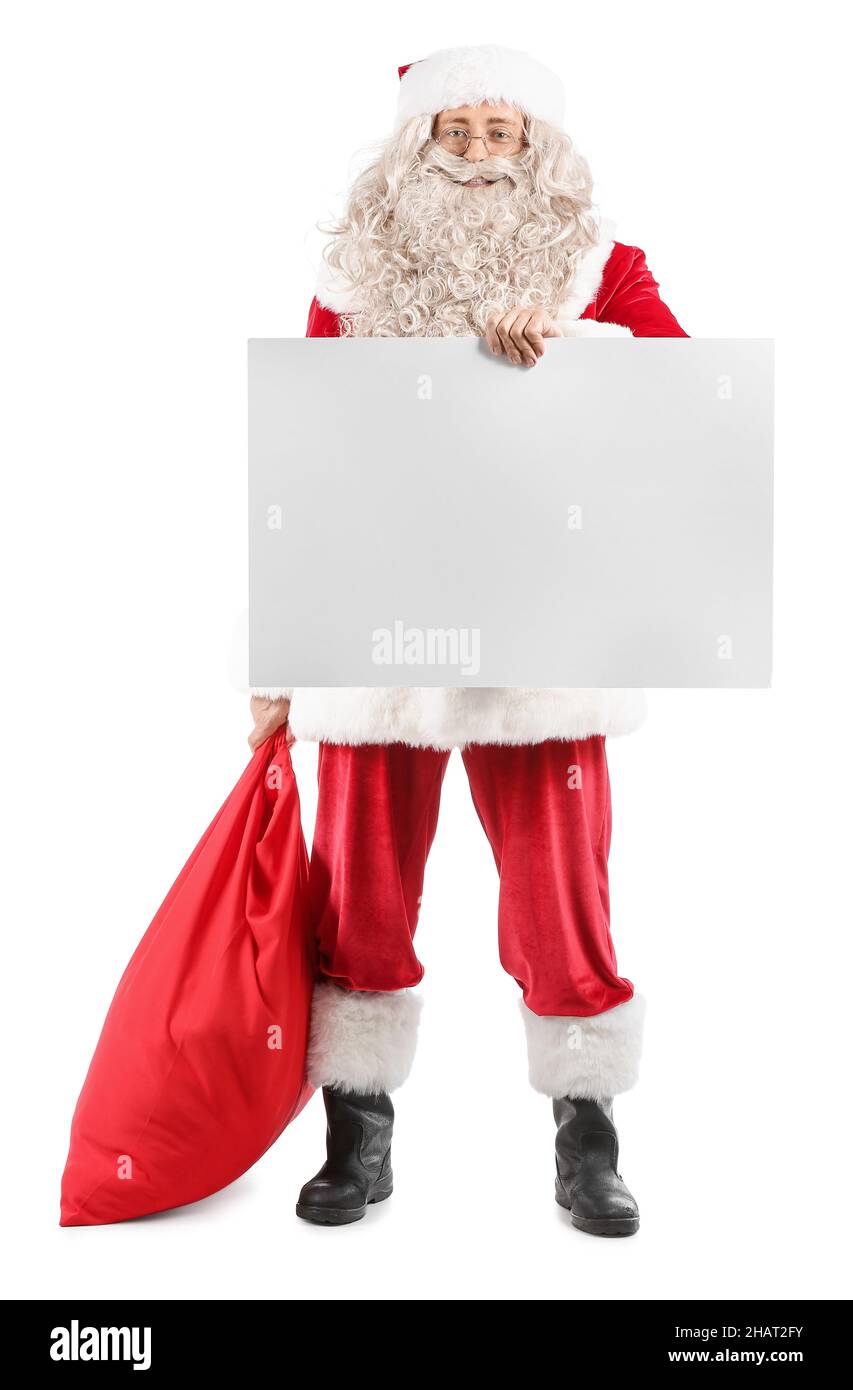Santa Claus with bag and blank paper sheet on white background Stock ...