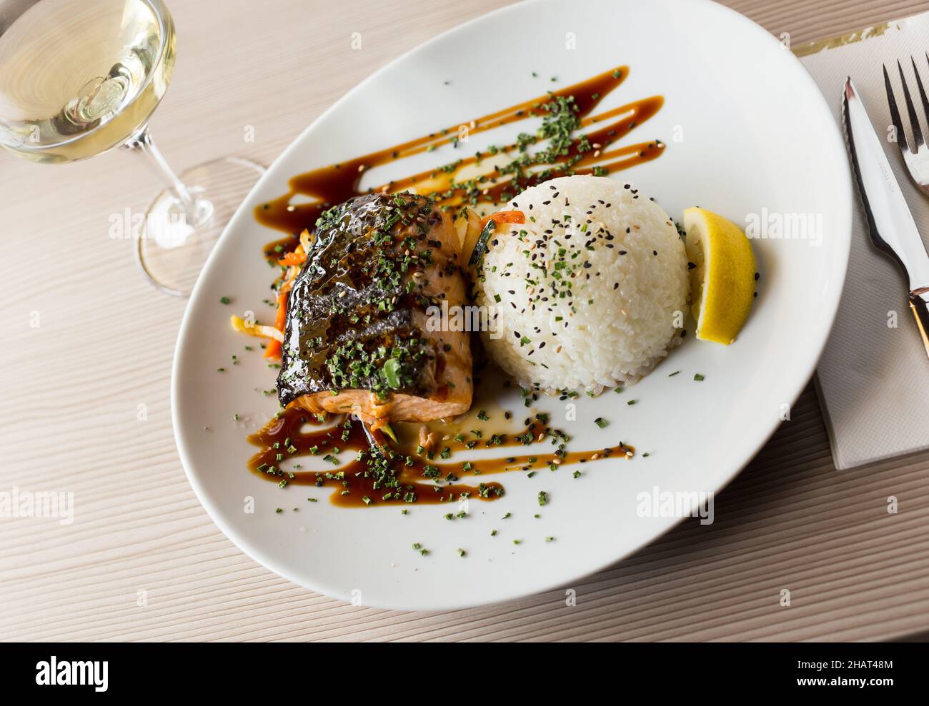 Grilled fish and vegetables and rice hi-res stock photography and ...