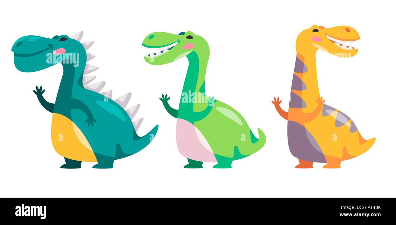 Dino dinosaurs cute character set collection of colorfull funny kids children style illustration in green yellow Tyrannosaurus Rex Allosaurus Stock Vector