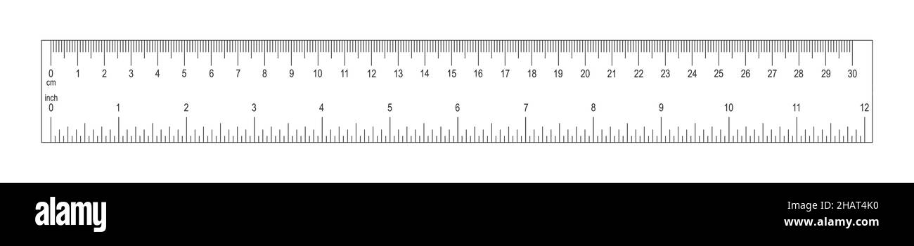 Horizontal ruler with 30 centimeter and 12 inch scale. Measuring chart with markup and numbers. Distance, height or length measurement tool isolated on white background. Vector graphic illustration. Stock Vector