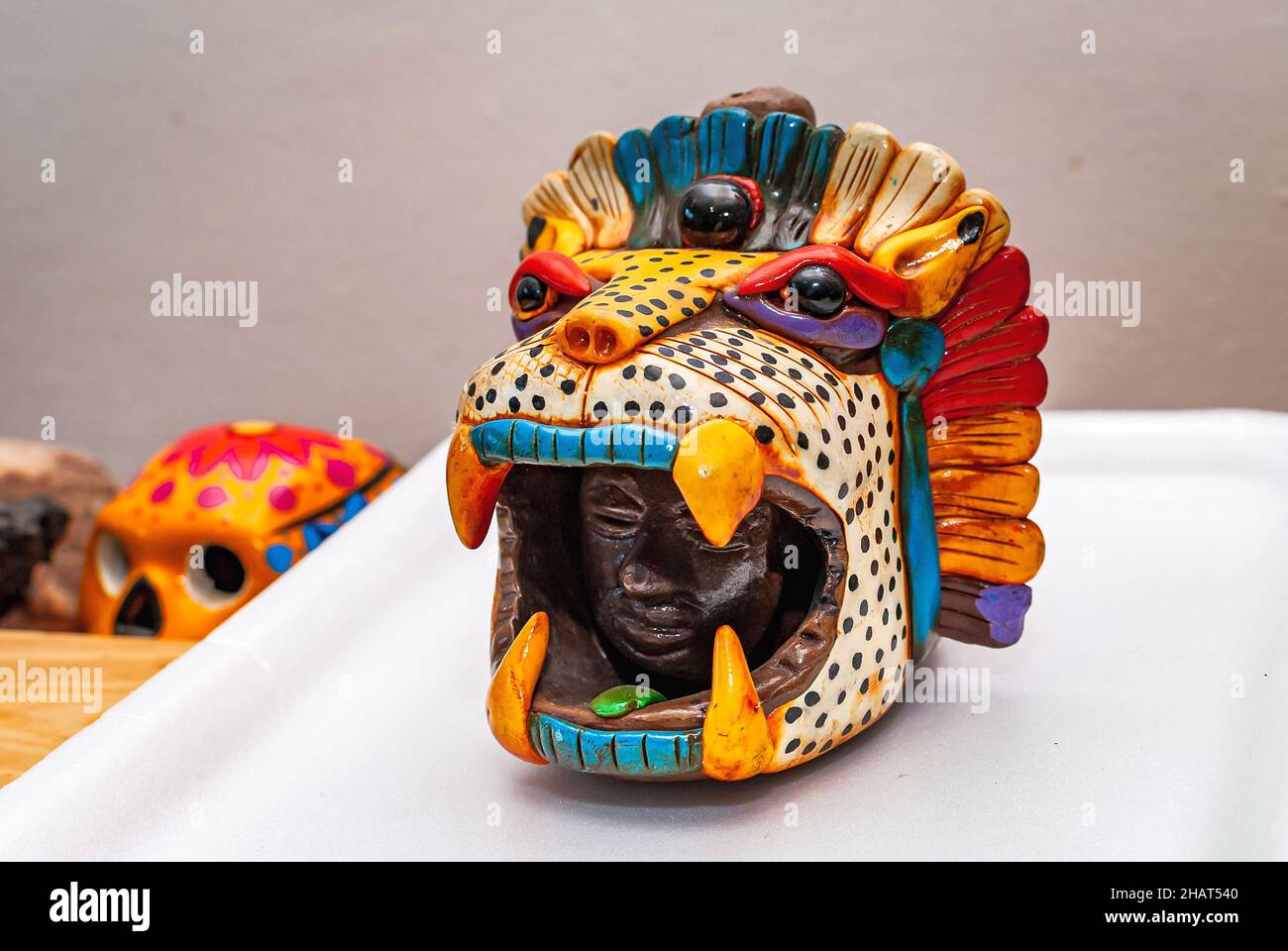 mexican handicraft image statue head of jaguar teotihuacan. Stock Photo