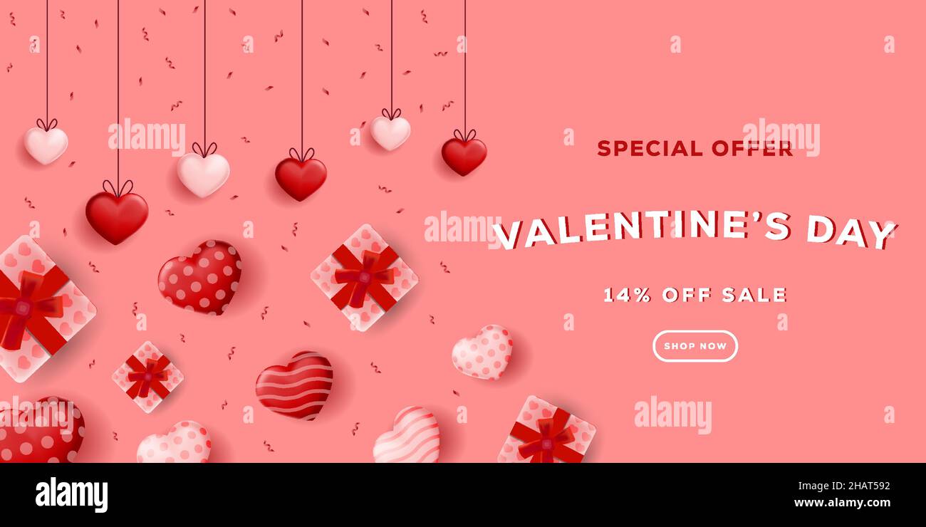 valentines day sale banner poster with realistic hearts and gift boxes ...