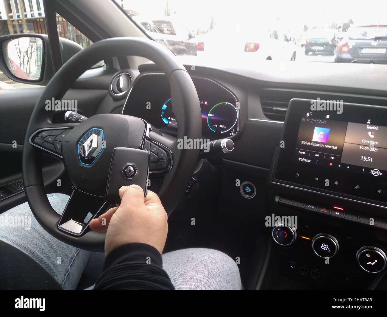 New Renault Zoe electric car interior. Steering wheel with control