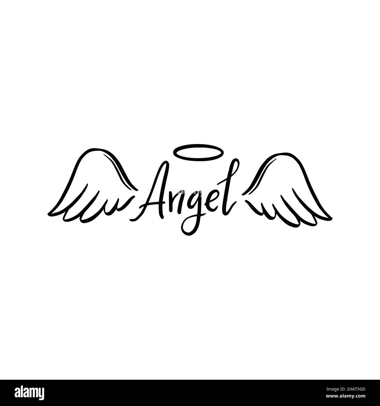 Angel wing with halo and angel lettering text. Hand drawn line sketch style wing. Simple vector illustration. Stock Vector