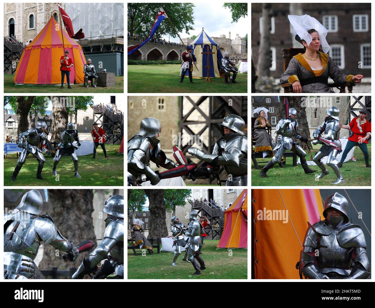 London - England UK - August 22, 2015: Photo Collage of free show of Knights fight in The Tower of London yard. Stock Photo