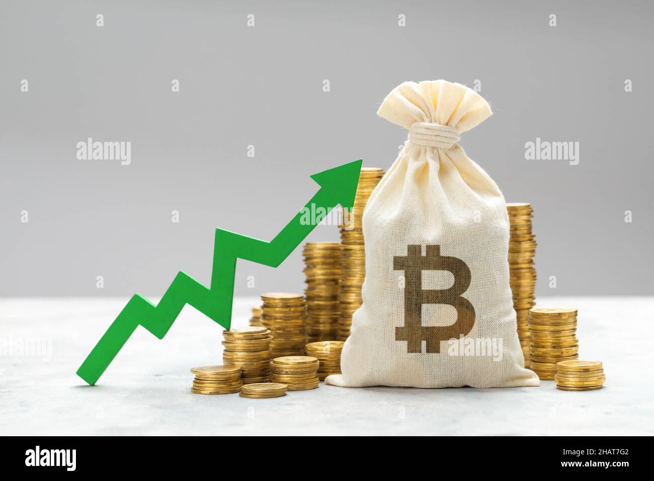Bitcoin growth. Money bag and bitcoin symbol with a growing upward arrow  Stock Photo - Alamy