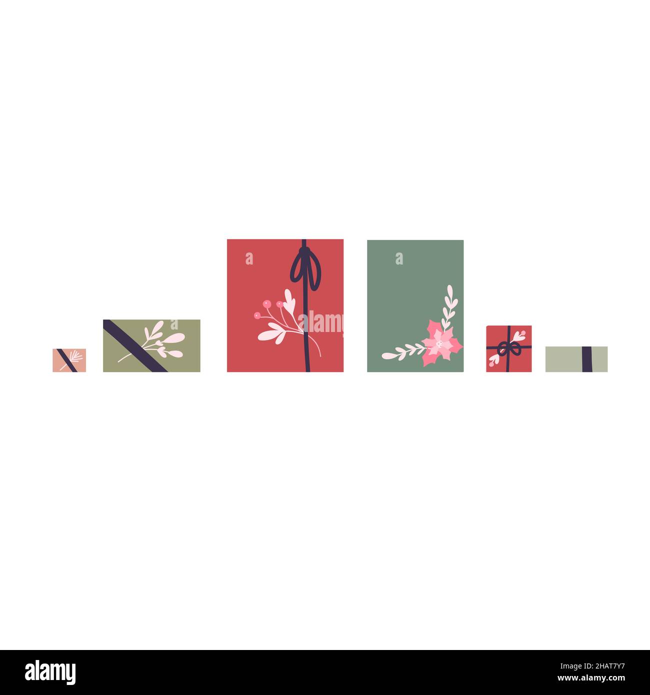 Vector holiday illustration of hygge gifts top view with ribbons and ...