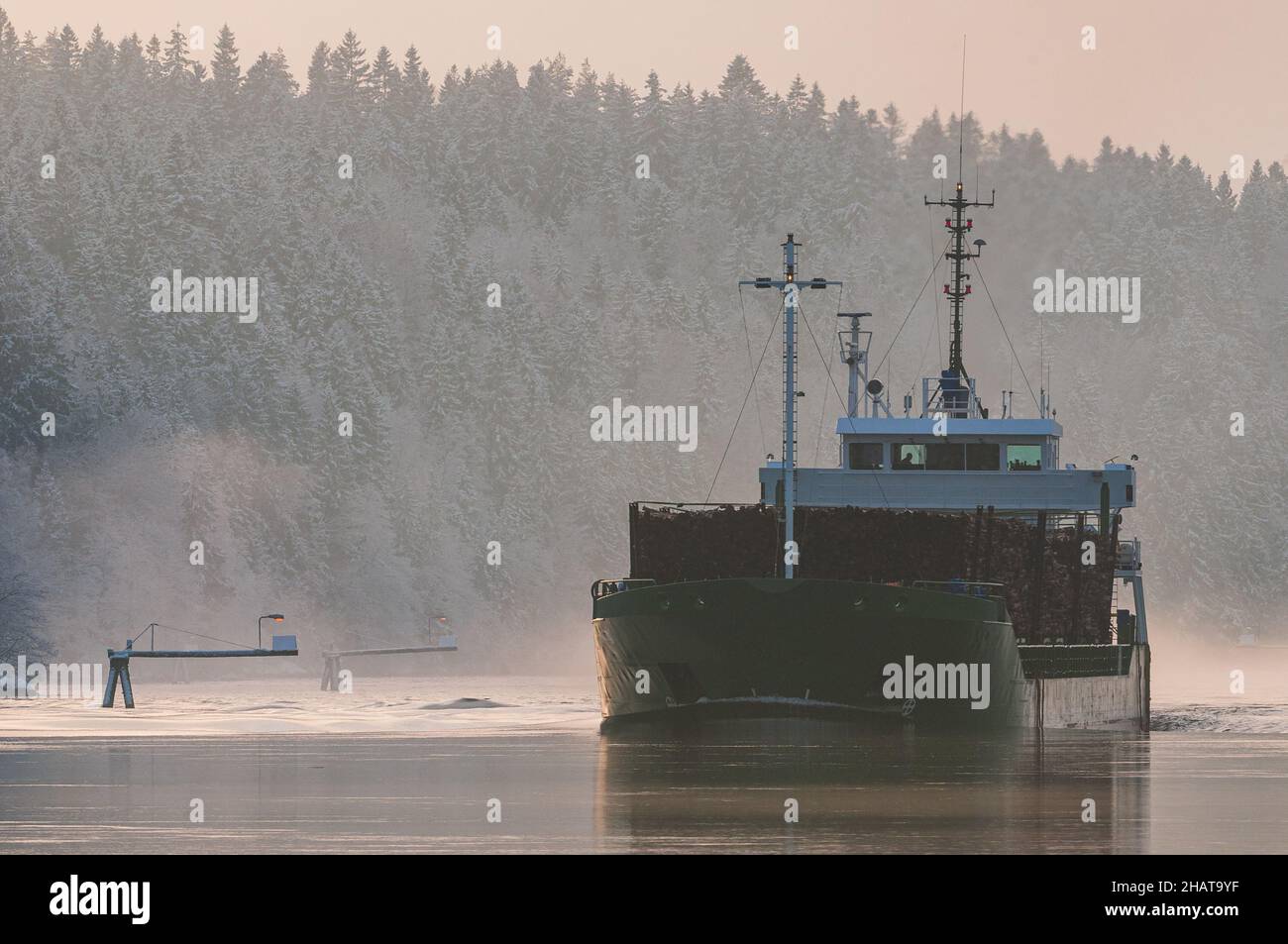 Freight ship on river, Sweden Stock Photo