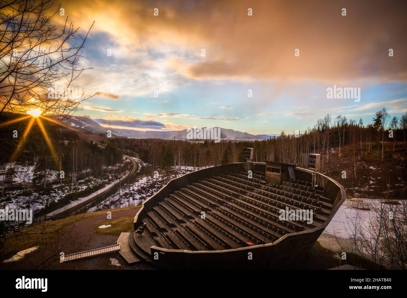 theater seats in mountain landscape during sunset Stock Photo