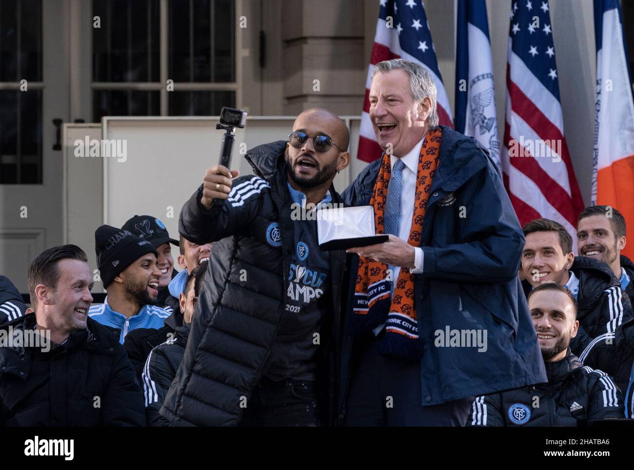 New York, NY - December 14, 2021: Forward Heber received Keys to the City from mayor Bill de Blasio during celebration for NYCFC winning the 2021 MLS Cup on City Hall steps Stock Photo