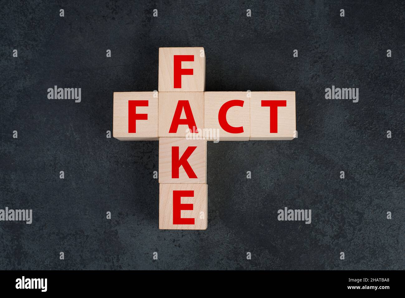 The words fact and fake are standing on wooden blocks in red letters ...