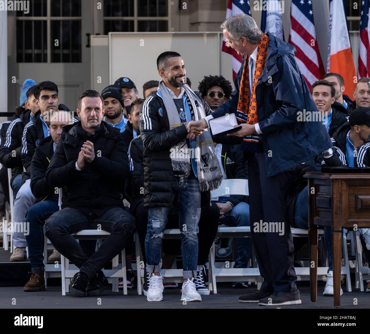 New York, NY - December 14, 2021: Midfielder Maximiliano Moralez received Keys to the City from mayor Bill de Blasio during celebration for NYCFC winning the 2021 MLS Cup on City Hall steps Stock Photo