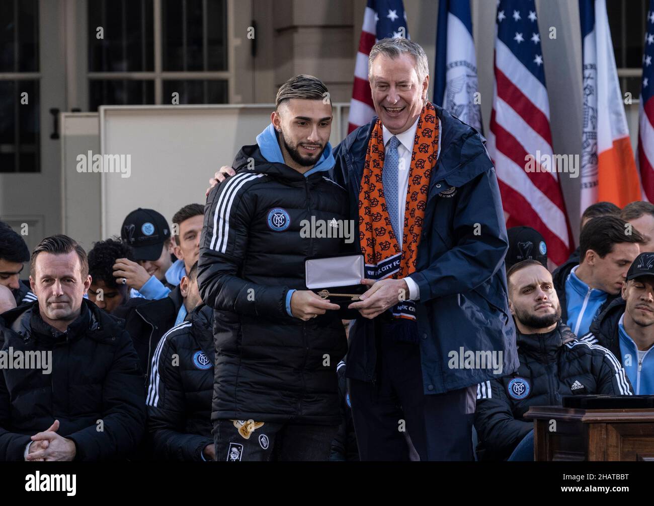New York, NY - December 14, 2021: Forward Valentin Castellanos received Keys to the City from mayor Bill de Blasio during celebration for NYCFC winning the 2021 MLS Cup on City Hall steps Stock Photo